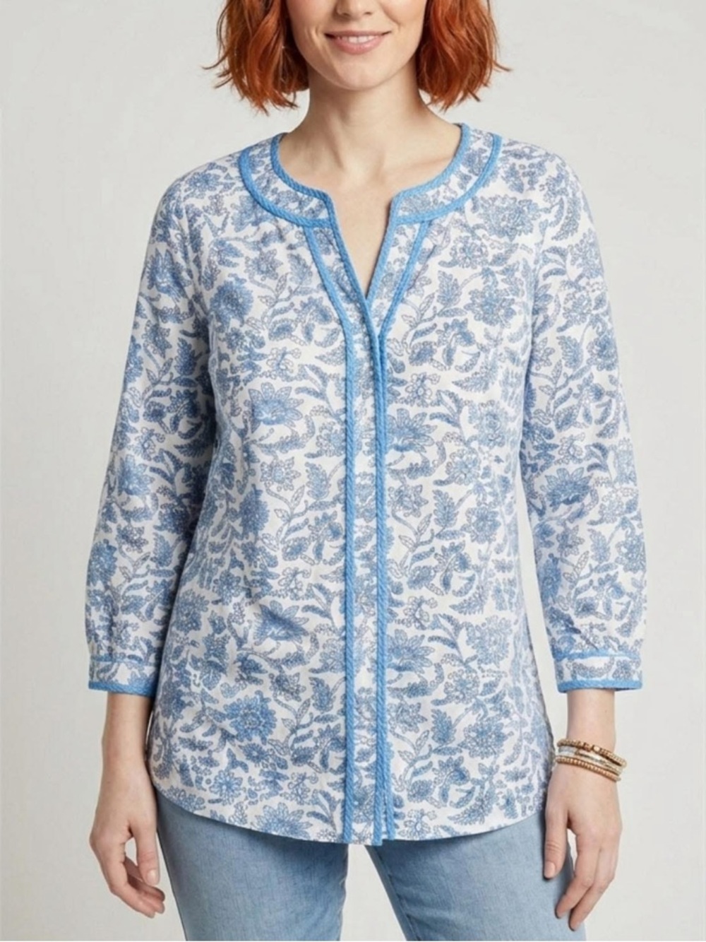 J Jill petite size Mp blue floral printed piped knit blouse